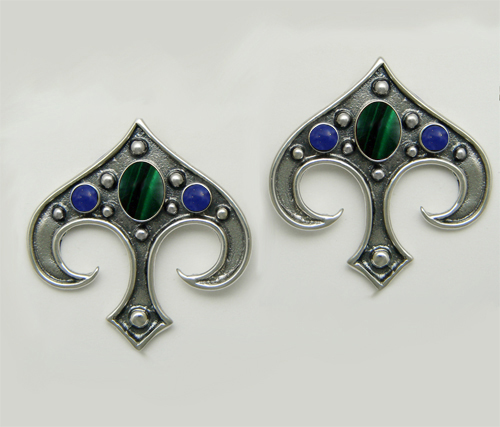 Sterling Silver Gothic Inspired Drop Dangle Earrings With Malachite And Lapis Lazuli